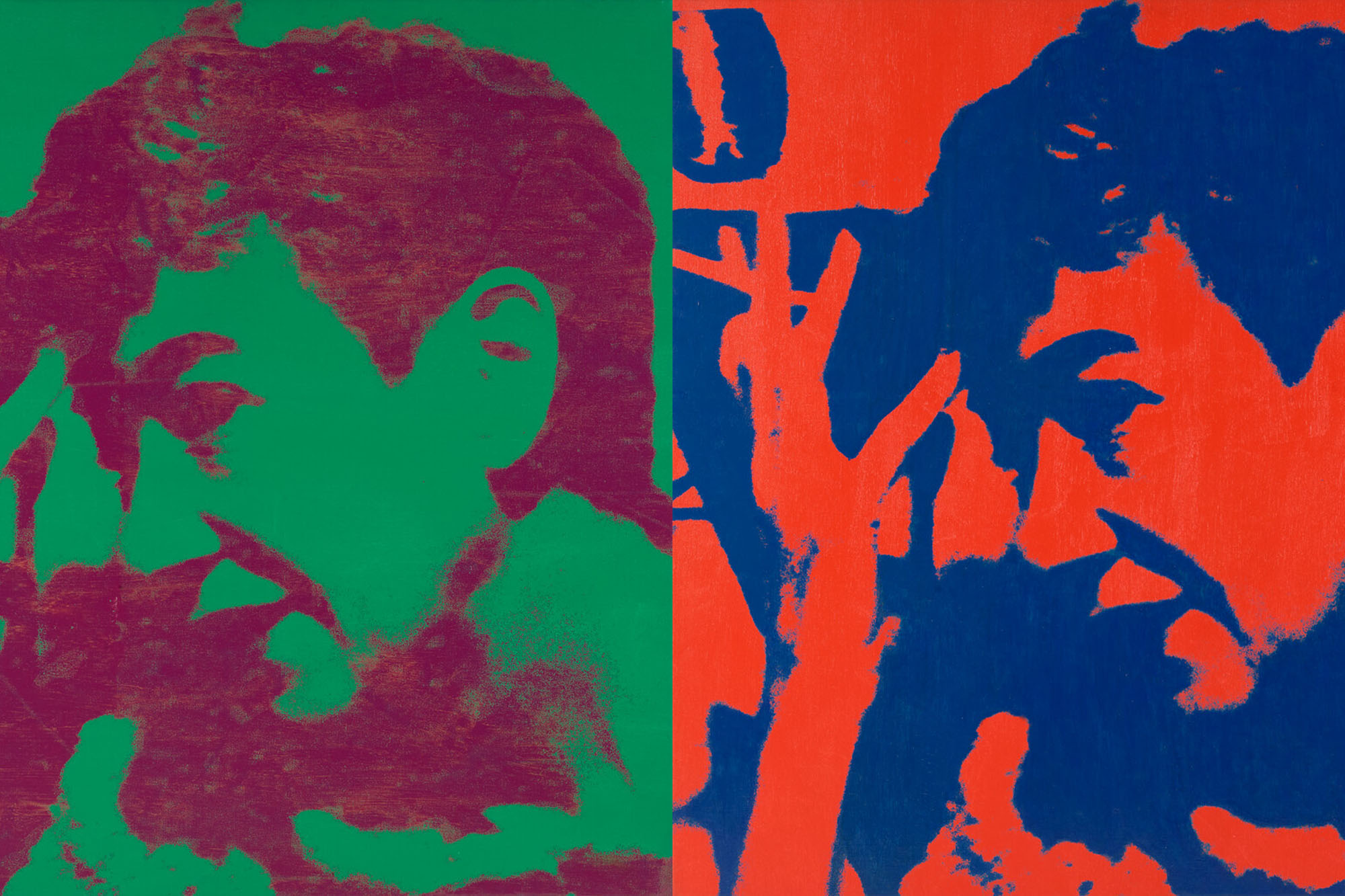 Two duotone silkscreen paintings held by the Menil Collection that portray the same image of Jermayne Macagy holding a cigarette, in green/purple and red/blue color schemes.