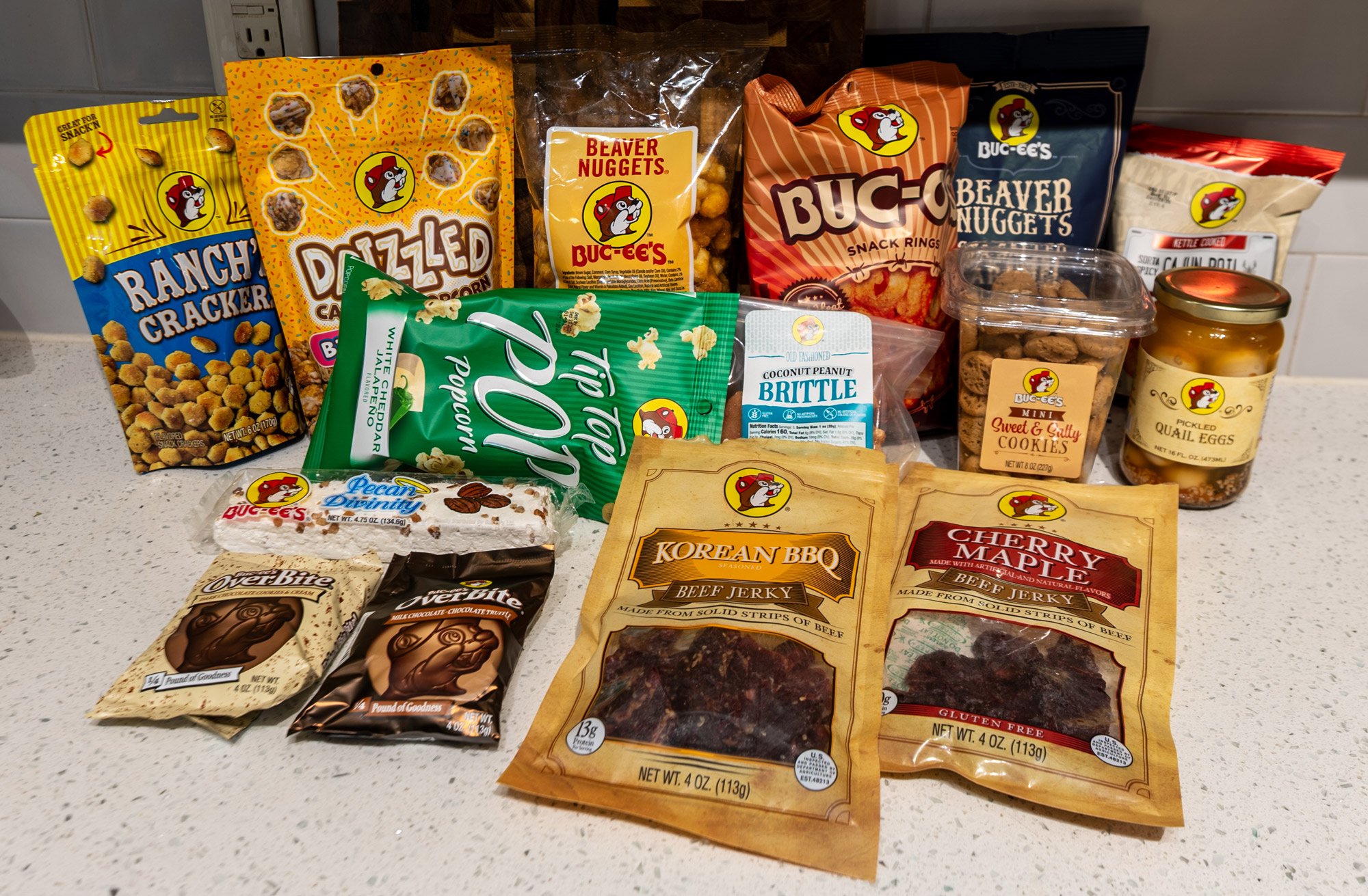 An assortment of Buc-ee's snacks in their bags