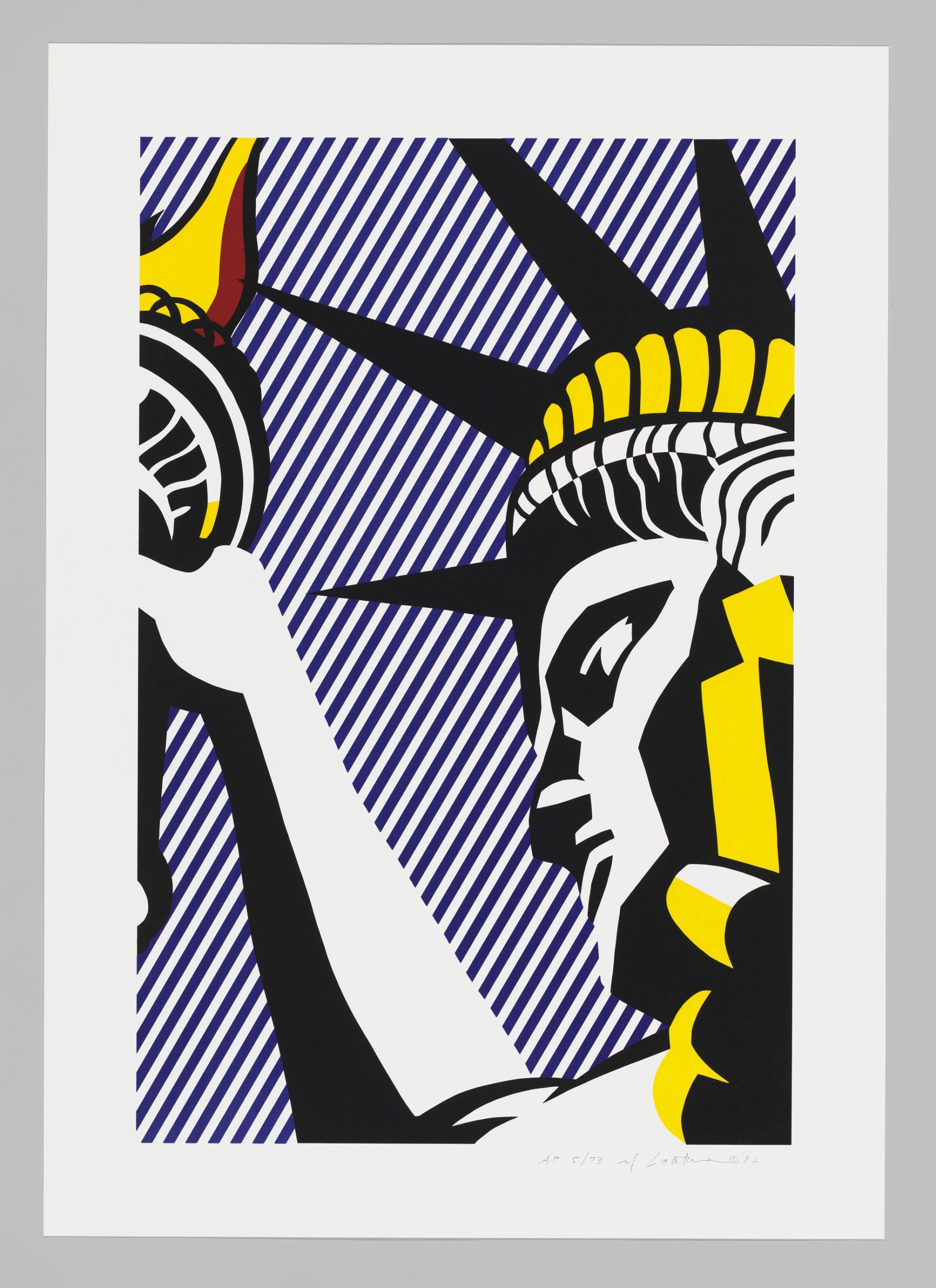 An illustration of a close-up of the Statue of lIberty, colored white, black, and gold