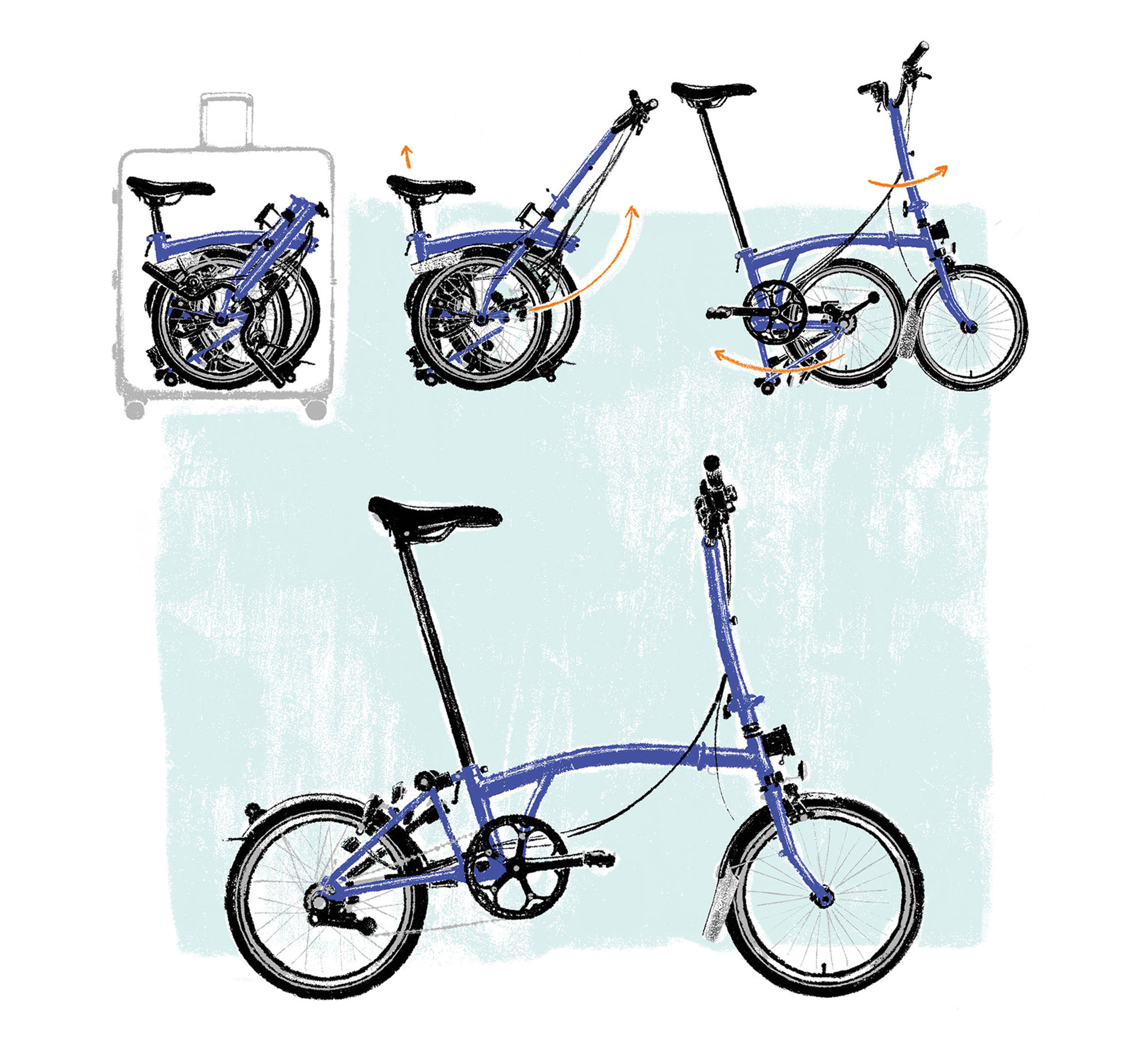 A four-part illustration of a blue foldable bike at various stages of folding, with a light teal background.