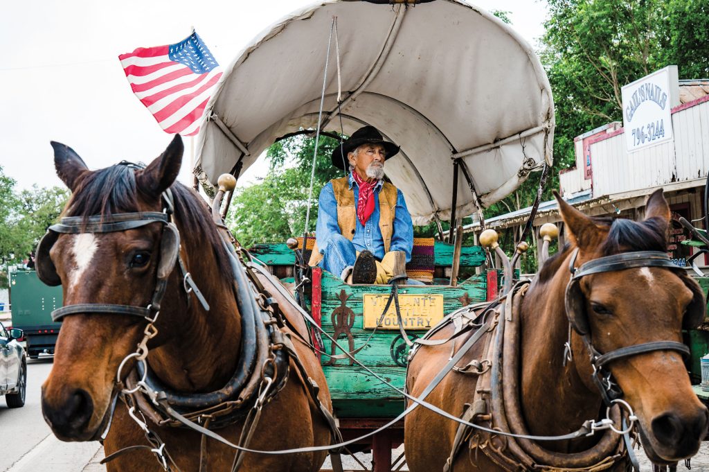 An old man wearing a red bandana, black cowboy hat, denim shirt and brown vest sits in a covered wagon pulled by two brown horses.