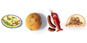 Four side-by-side illustrations of various dishes: enchiladas, a spherical kolache, crawfish and sausage, and a beef pho kolache.