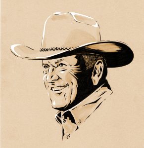A digital illustration in black ink of an older man's head turned slightly left, smiling, and wearing a cowboy hat, with a tan background.
