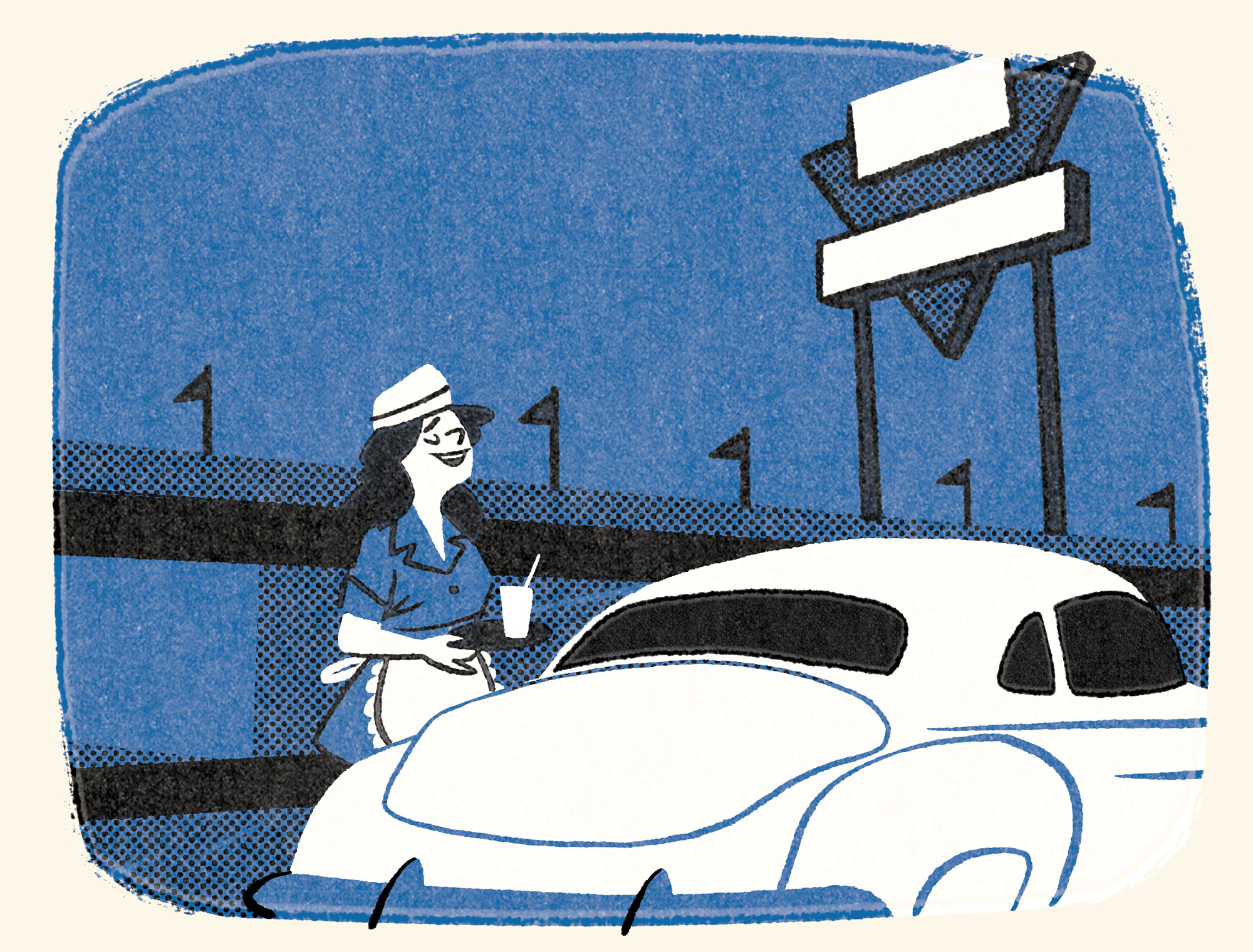 A blue and white illustration of a woman in a carhop uniform delivering a beverage to a retro-looking vehicle