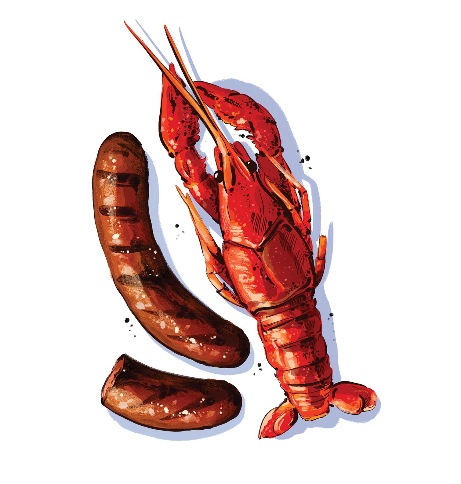 An illustration of a red crawfish and two pieces of grilled sausage.