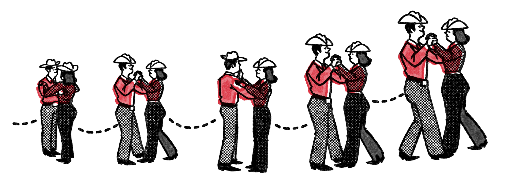 An illustration of a man and woman dressed in Western wear dancing their way through a traditional Texas two-step
