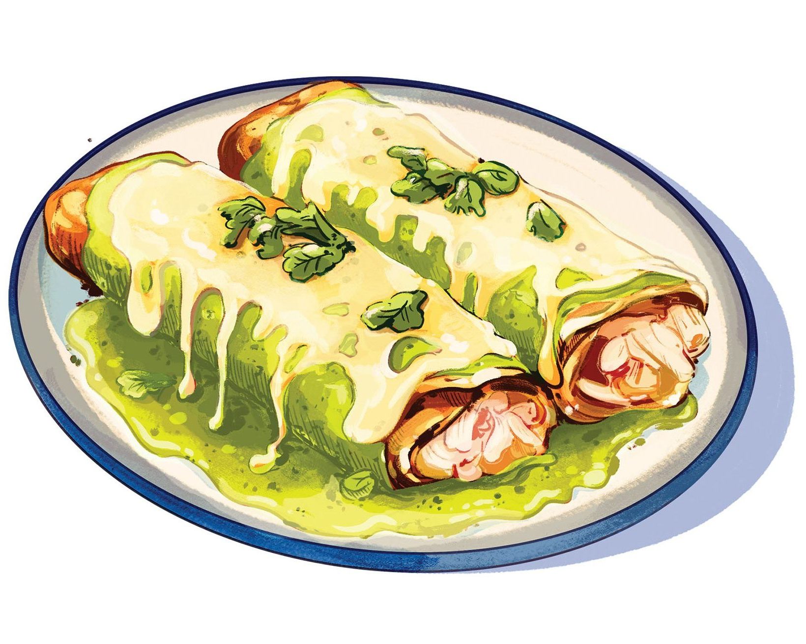 An illustration of two enchiladas covered in cheese and green sauce.