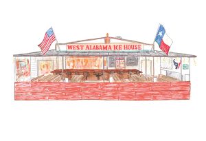 An illustrated open-air bar with a sign that reads "West Alabama Ice House" with an American and Texas flag on either side of the sign.