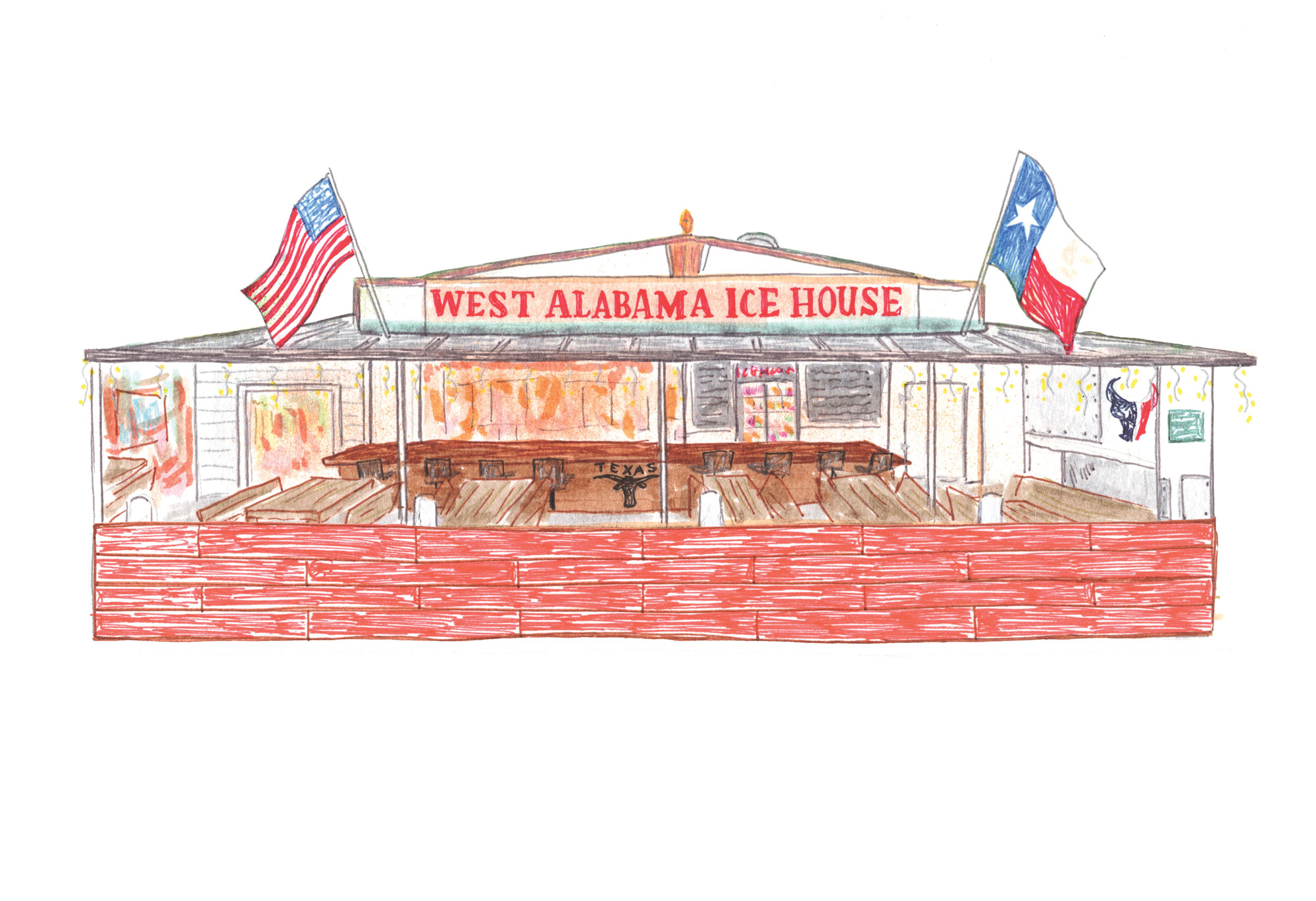 An illustrated open-air bar with a sign that reads "West Alabama Ice House" with an American and Texas flag on either side of the sign.