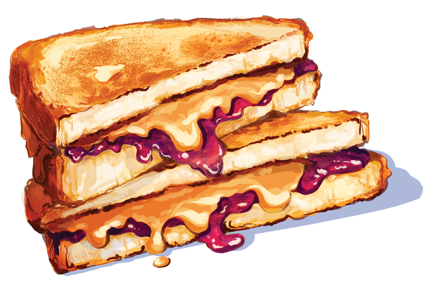 An illustration of a grilled sandwich with layers of peanut butter and purple jelly.
