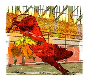 An illustration using warm colors, namely oranges and reds with some mossy green, depicting a stadium scene of a bull knocking over a man in western wear. A large crowd sits in the stands behind.