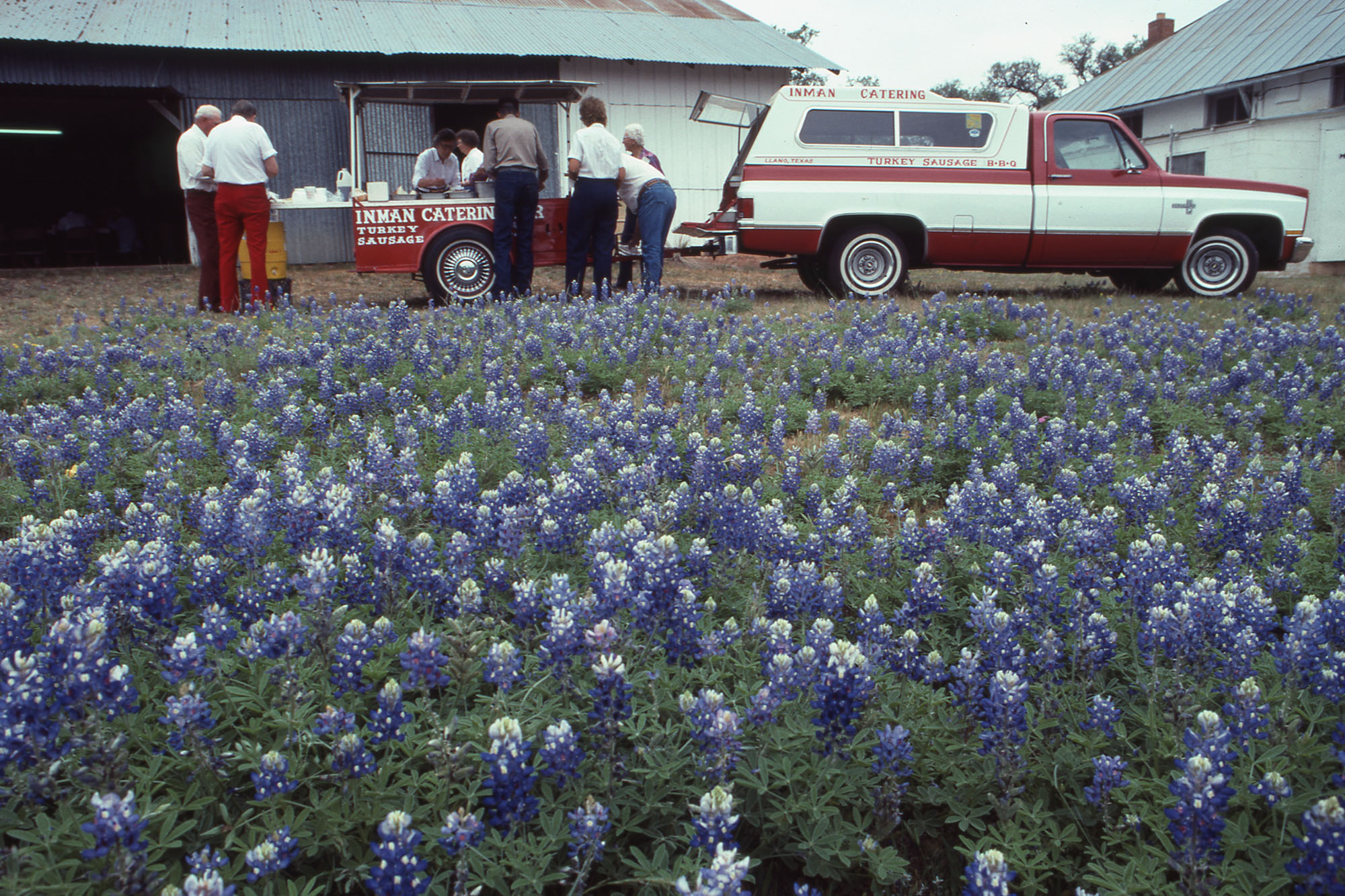 A red-and-white catering truck with a cart attached displaying Inman Catering branding that advertises their turkey sausage and BBQ. A large field of bluebonnets is foregrounded, with a small crowd of customers gathered at the cart behind.