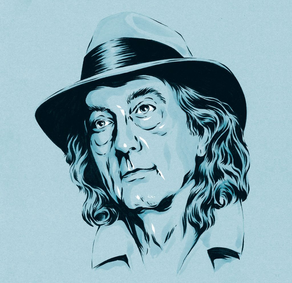 A black-on-blue illustration of James McMurtry from the neck up, wearing a fedora-style hat and collared jacket.