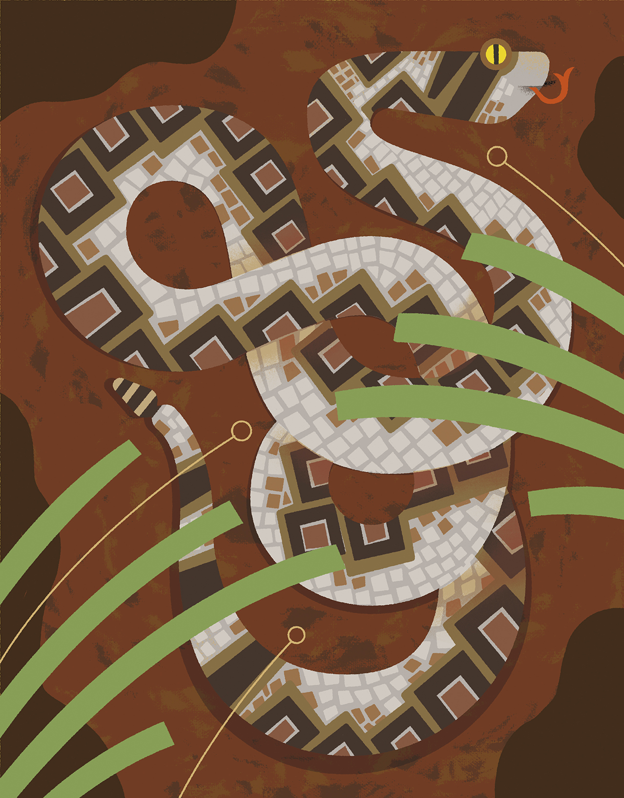 An illustration of a brown and beige snake with a diamond pattern on its back and a rattle on the tip of its tail on a brown background decorated with green leaves