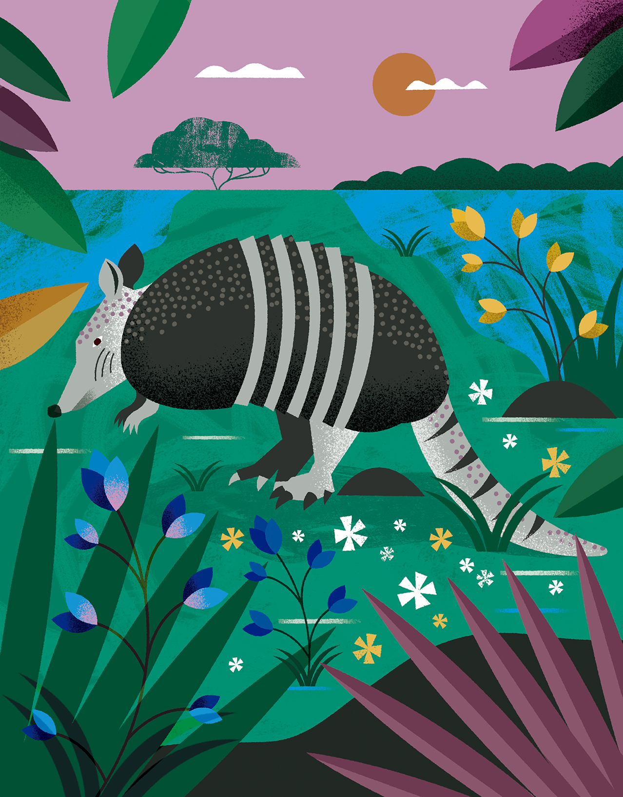 An illustration of a grey armadillo in a field of flowers and green foliage