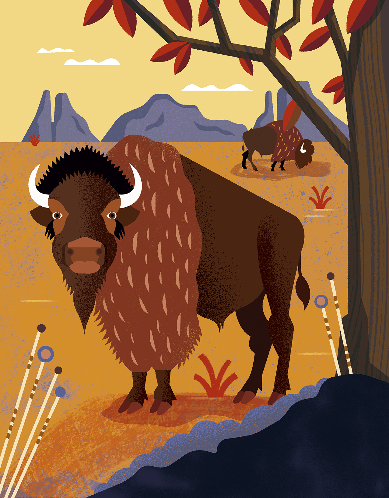 An illustration of a brown bison surrounded by a mountainous desert landscape