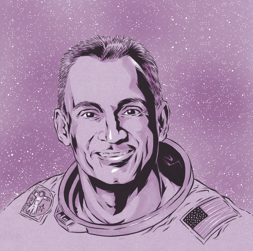 A purple illustration of a smiling astronaut with an American flag patch on his shoulder