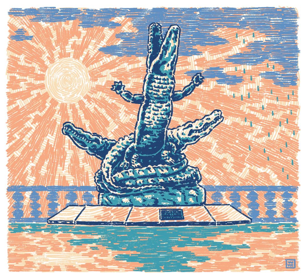 An illustration of two alligators intertwined with a vibrant yellow and orange sun to the left