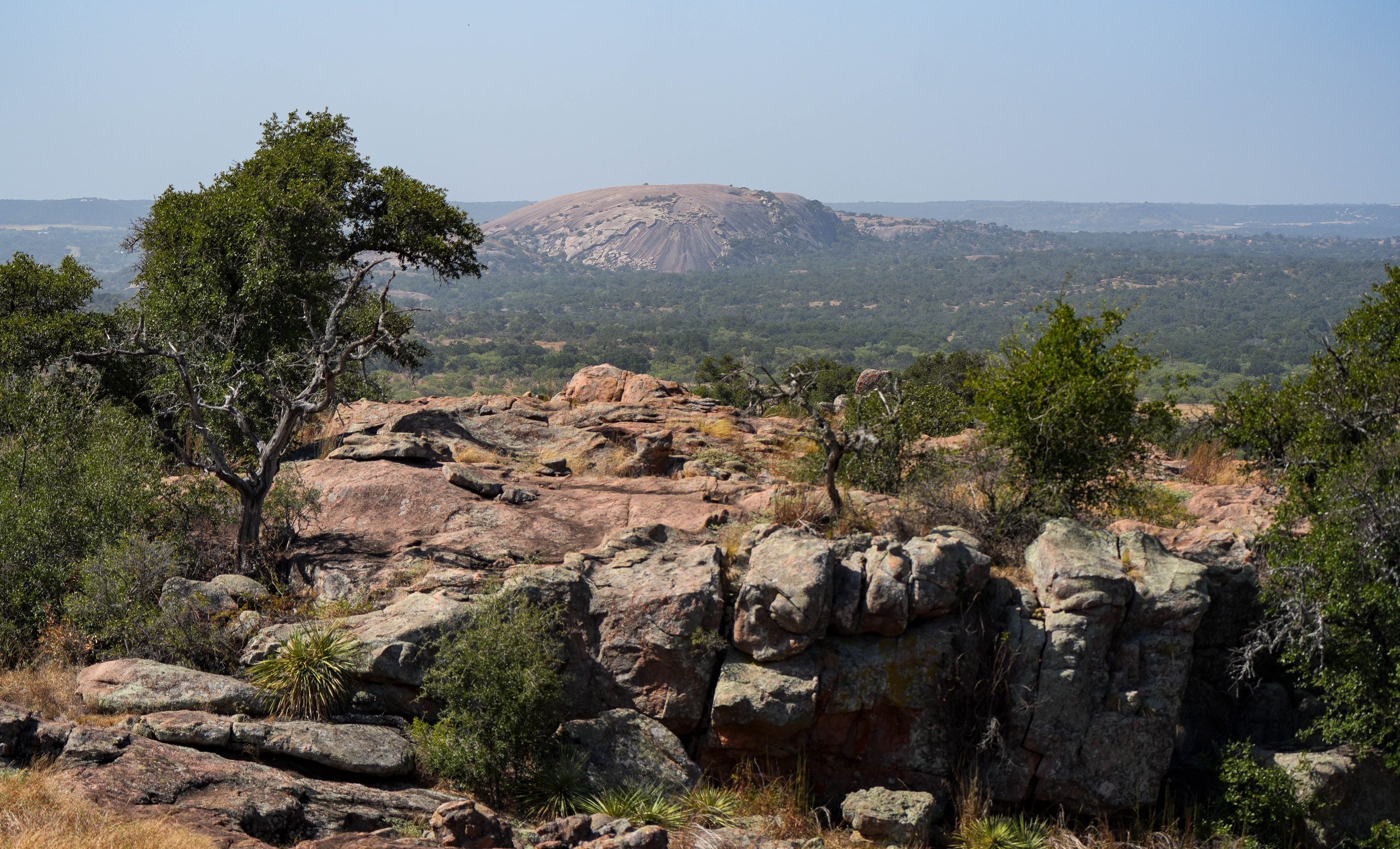 Overlook view of Enchanted Rock State Park with granite dome in distance, and mesquite tree on left and boulders in foreground.
