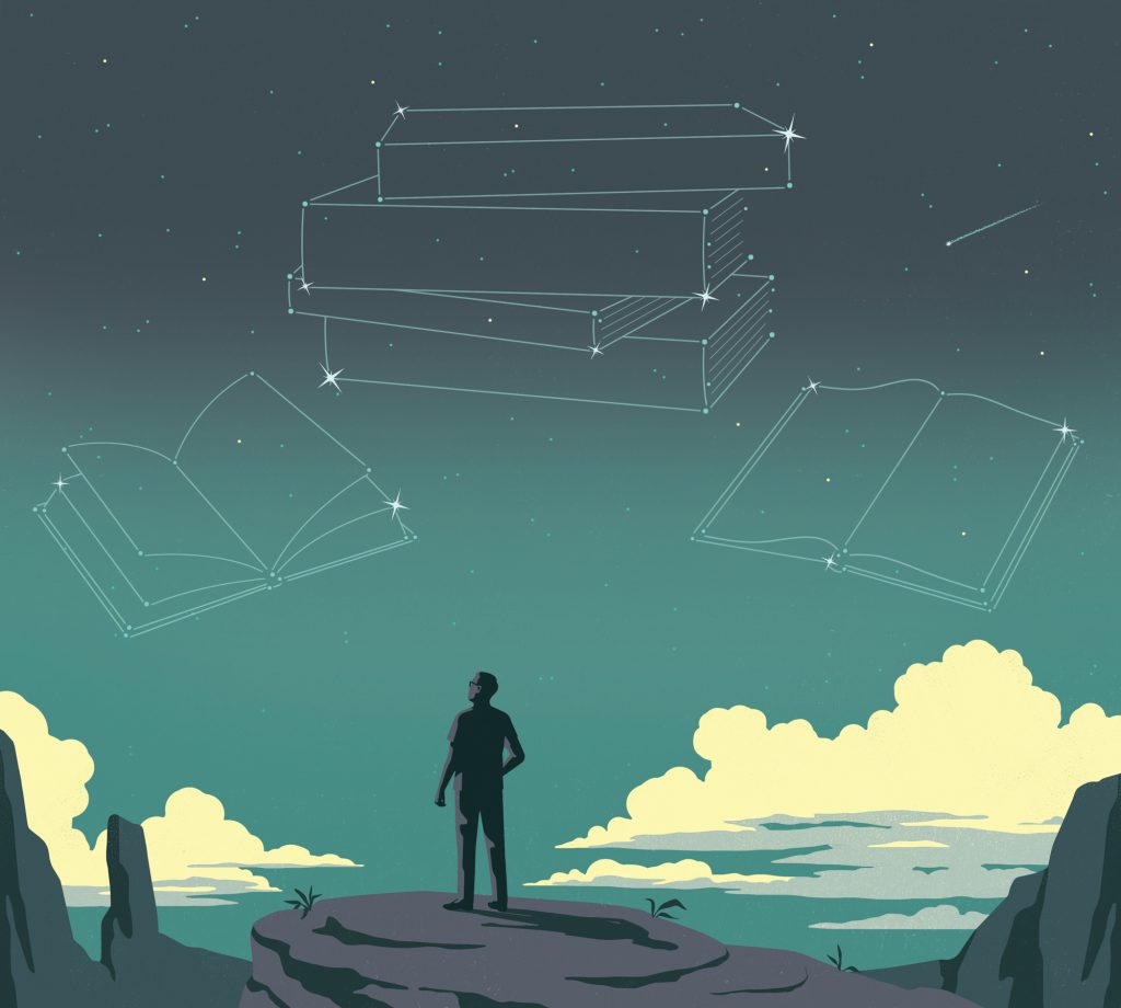 An illustration of a person standing on a cliff, with constellations shaped like books hovering in the sky above