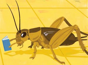 An illustration of a bug reading a blue book while standing on a yellow tile floor