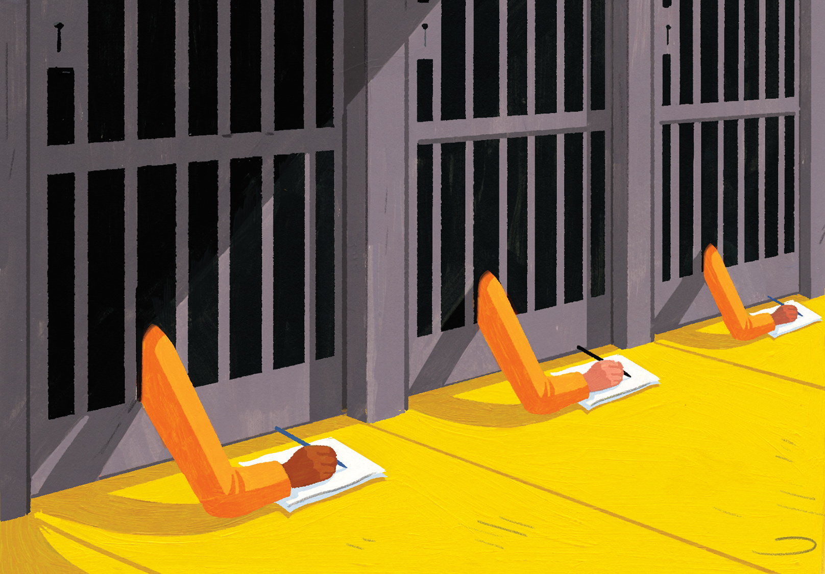 An illustration of a prison, with three arms coming out of three cells, each with an orange jumpsuit on and each writing something on a white sheet of paper