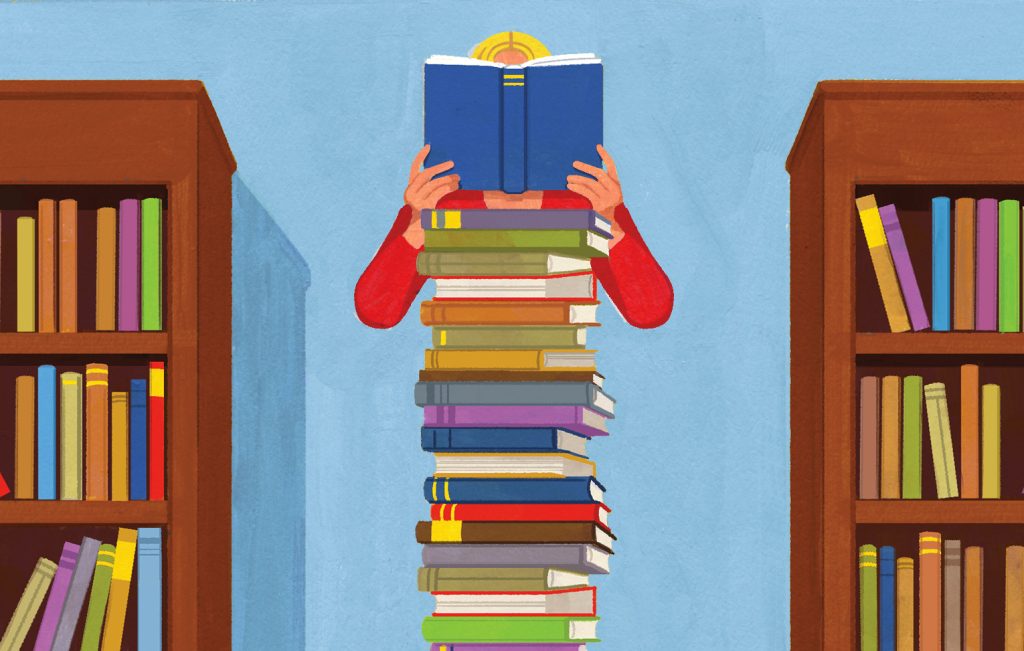 An illustration of a blonde woman amid a stack of colorful books as she reads a blue book that obscures her face